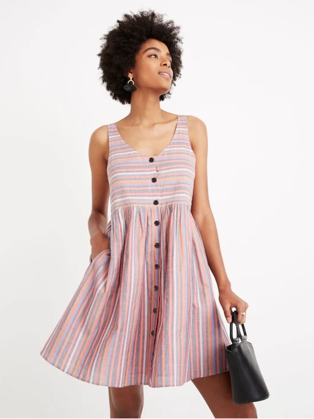 NWT MADEWELL Cotton Scoopneck Tank Dress in Rainbow Stripe Babydoll Button Up